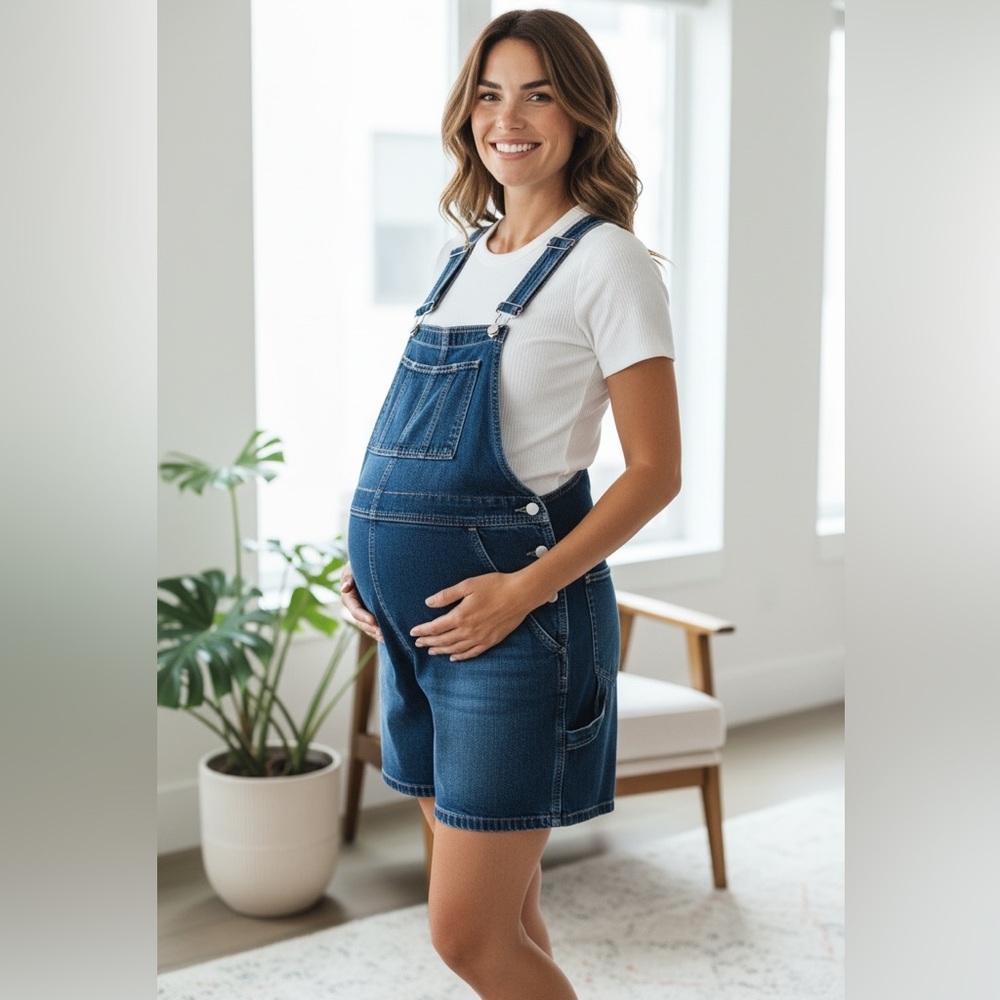 Motherhood Blue Denim Maternity Overall Shorts - M